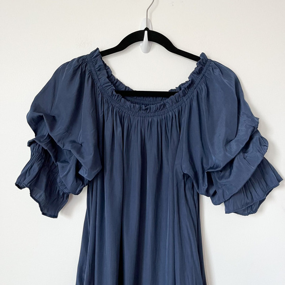 Mersea Tulum Ruffle Mini Dress Navy Blue Womens Small Pockets Off Shoulder - Picture 3 of 12